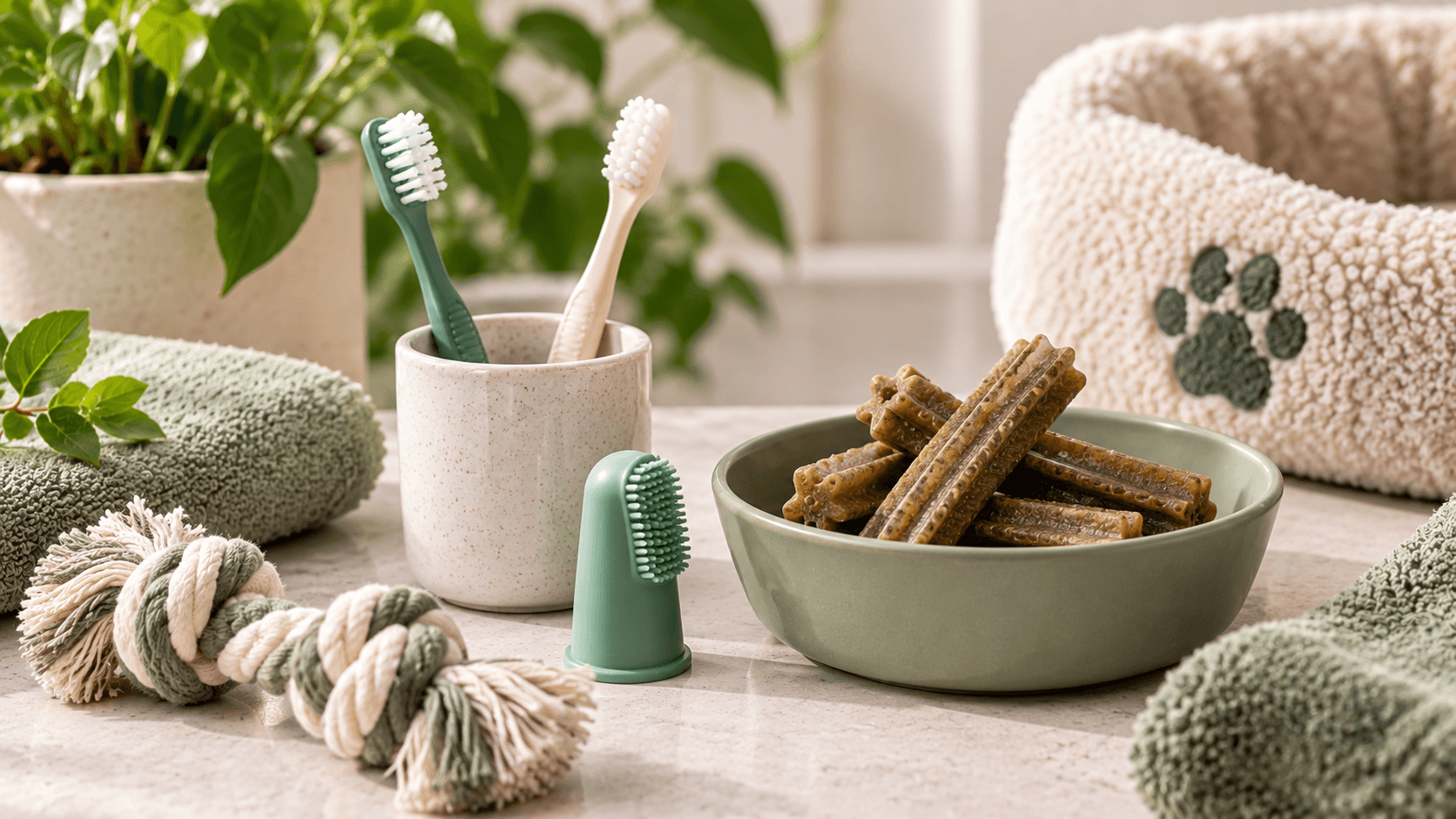 Pet toothbrushes, finger brush and dental-care items arranged together