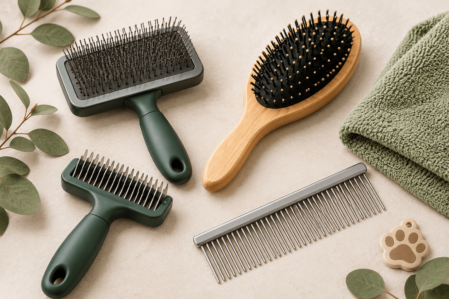 Pet grooming brushes, rake and grooming comb arranged together