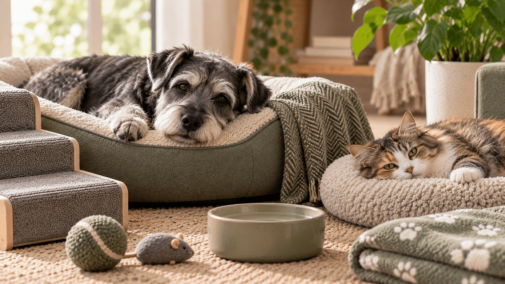 Older pets resting comfortably with supportive care items