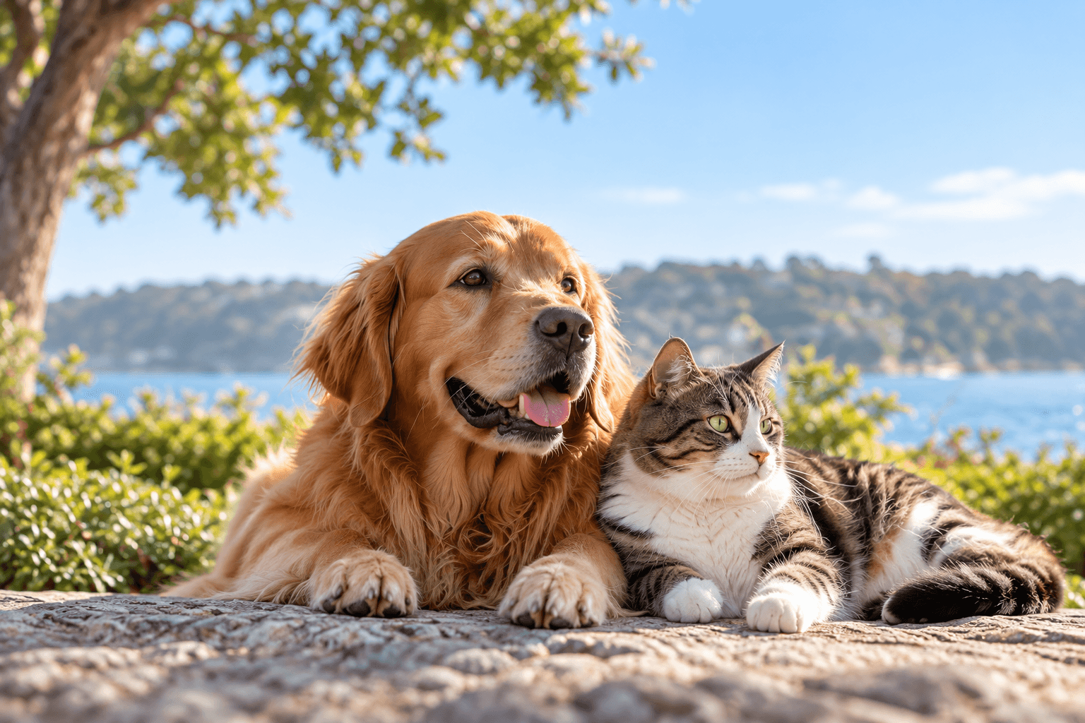 A dog and cat resting together outdoors